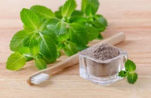 Une brosse à dent avec du dentifrice en poudre